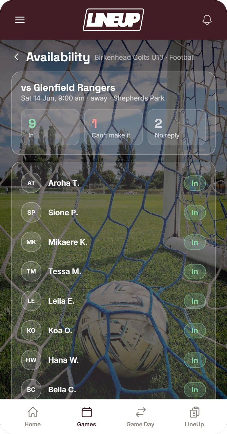LineUp availability screen: 9 in, 1 can't make it, 2 no reply, with each player listed