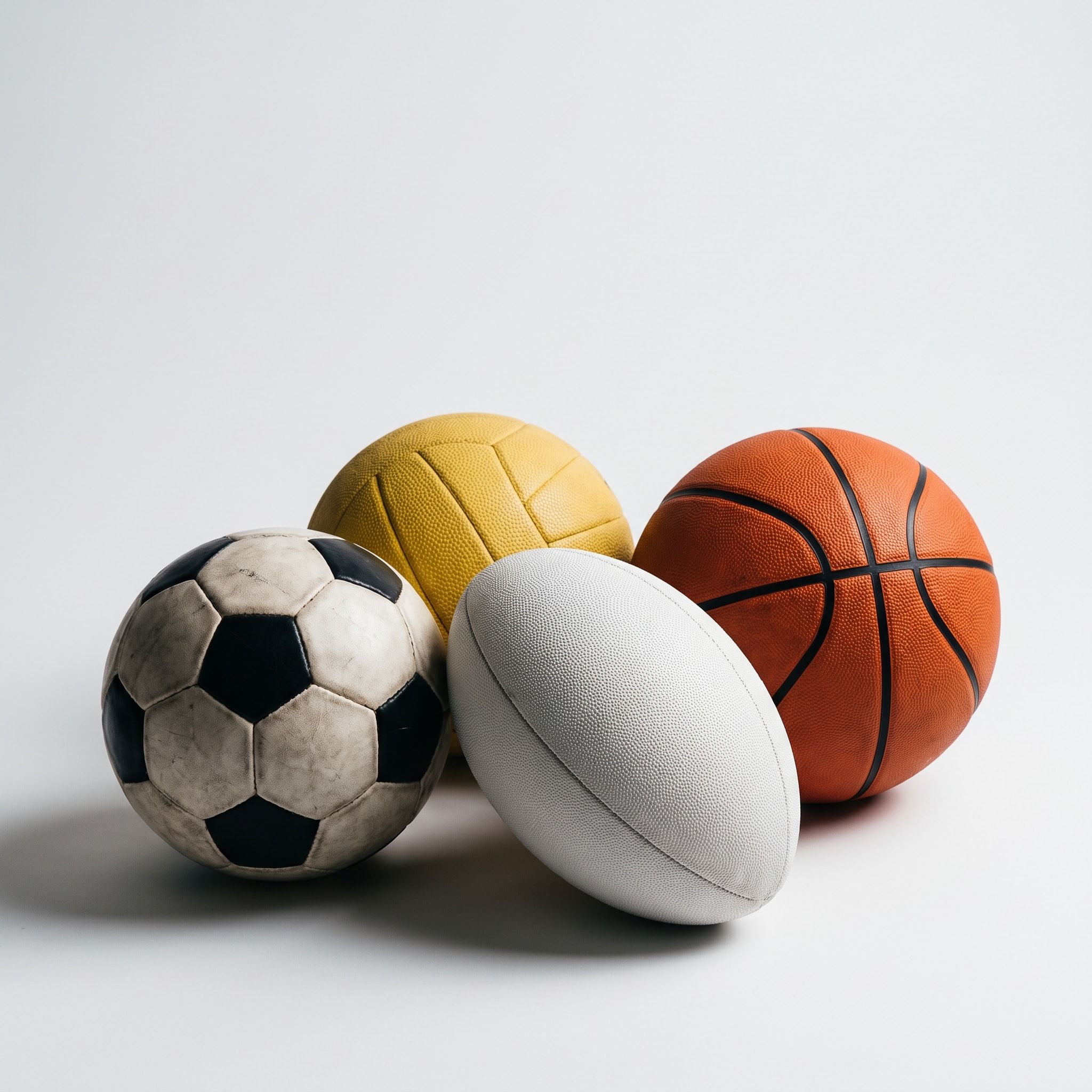 A football, rugby ball, netball and basketball grouped together