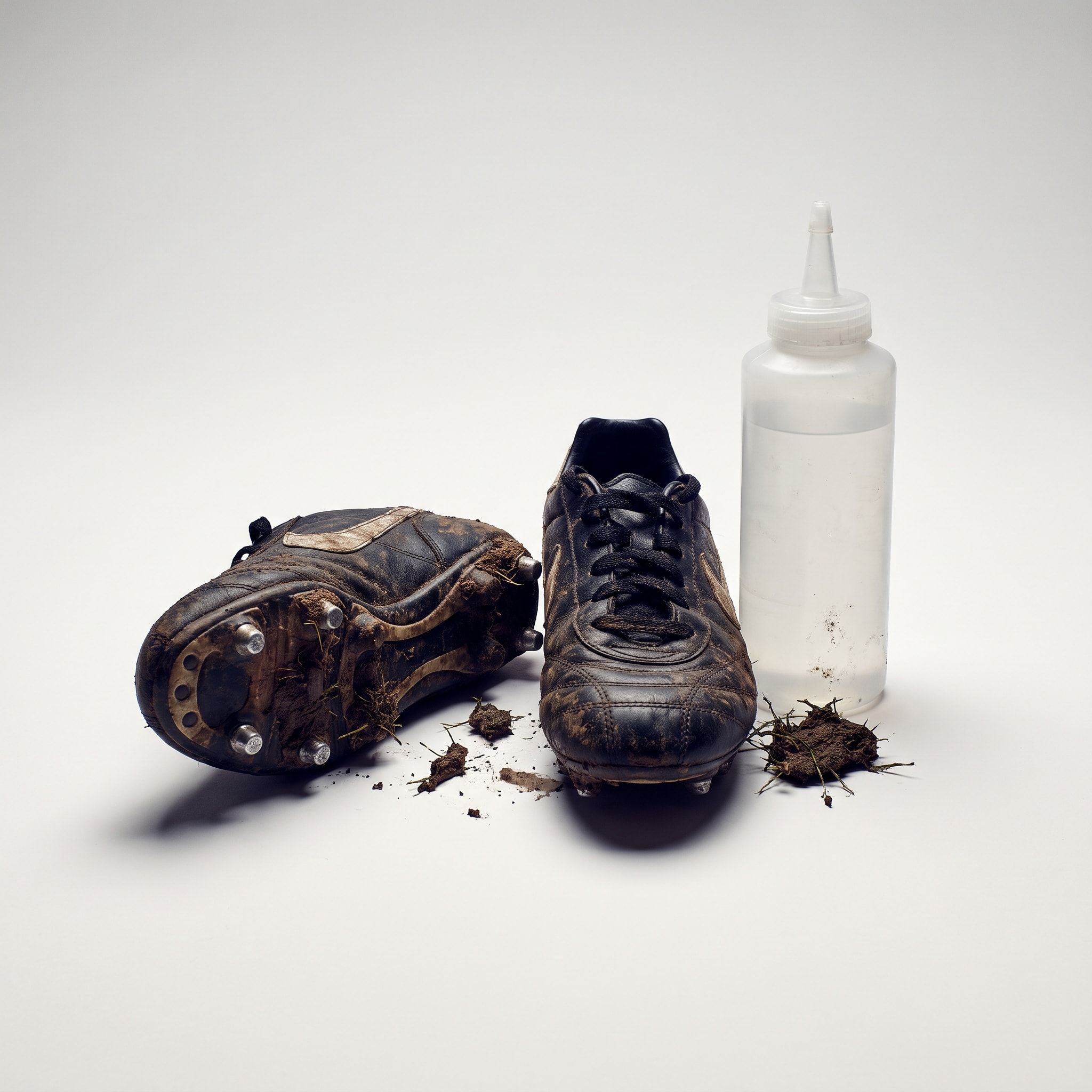 Muddy football boots beside a water bottle