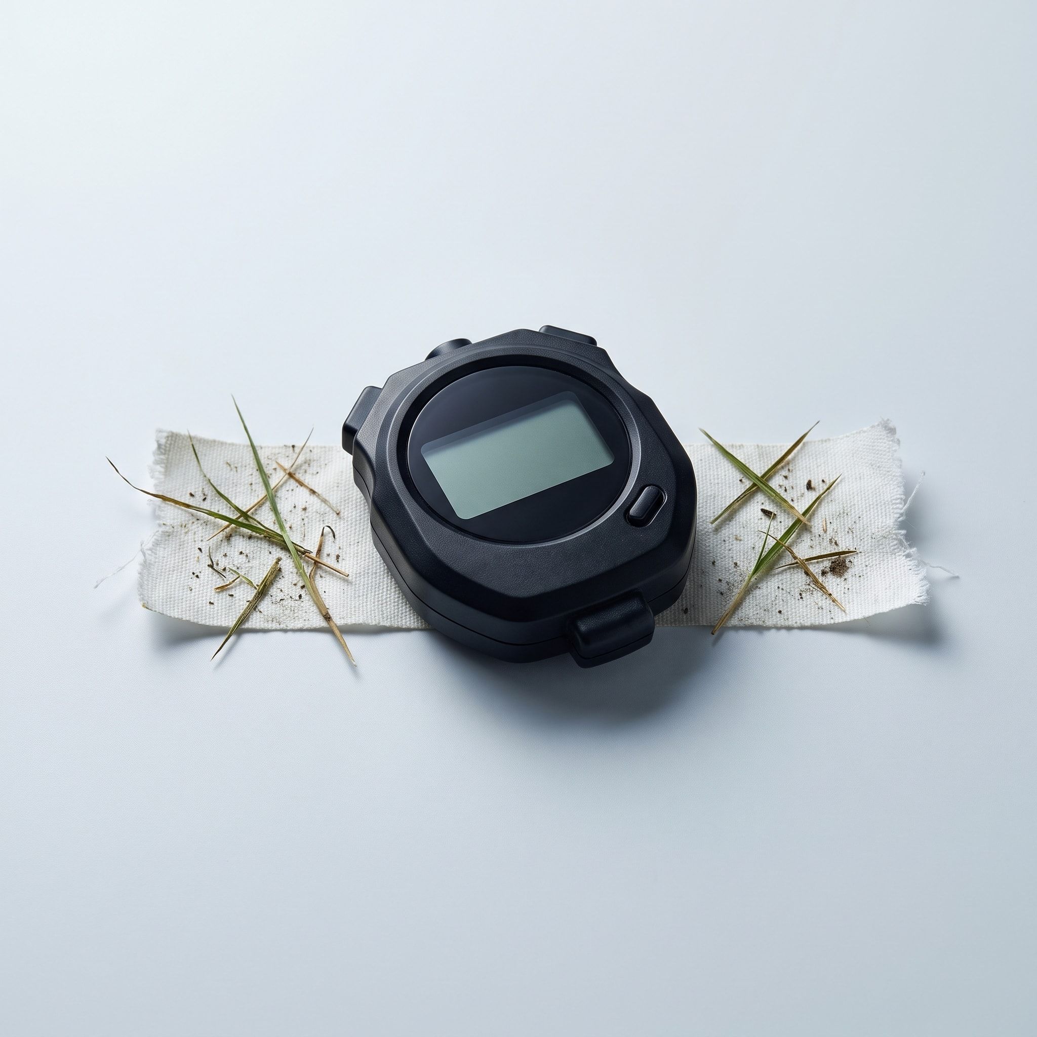 A black stopwatch on grass-flecked tape