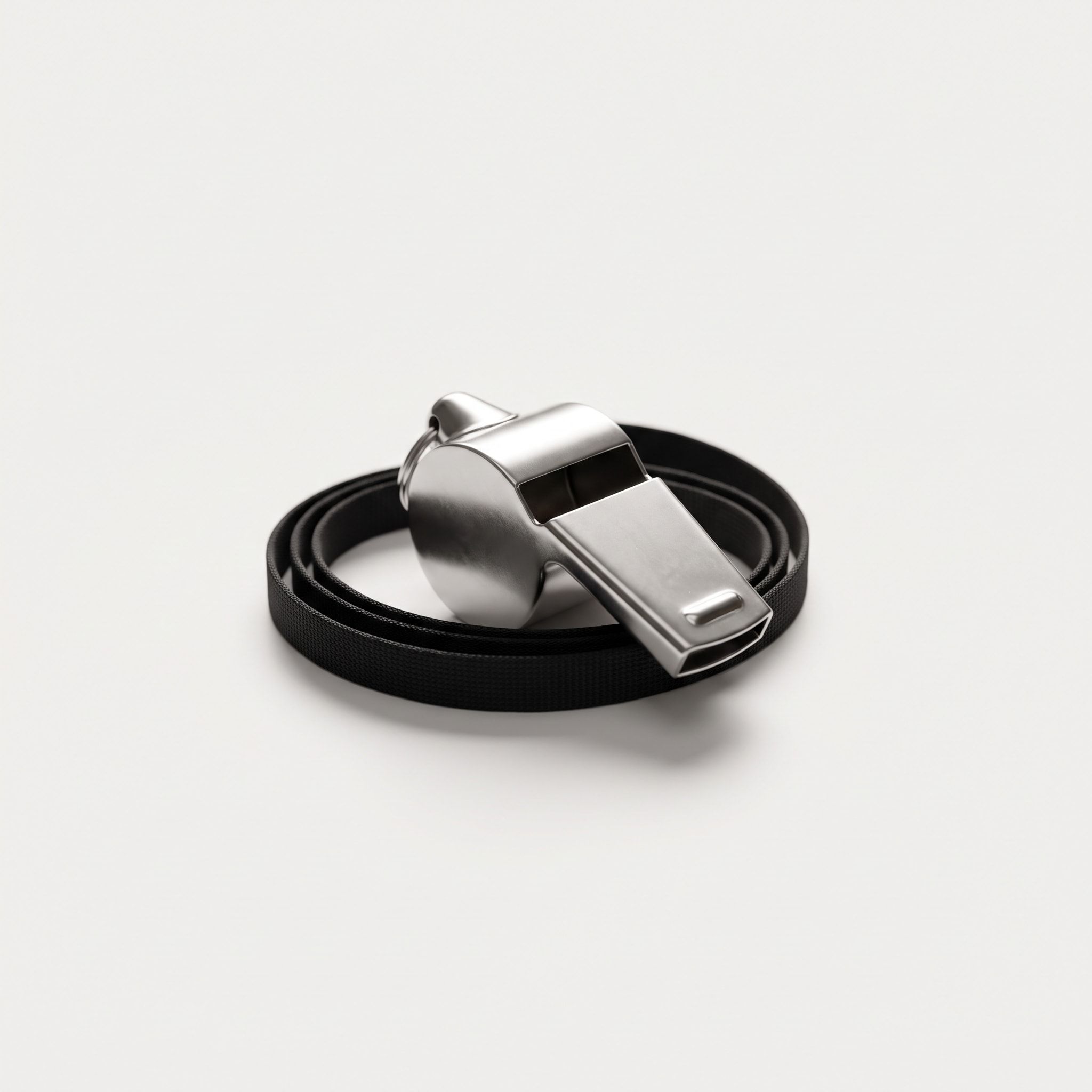 A silver whistle coiled on its lanyard