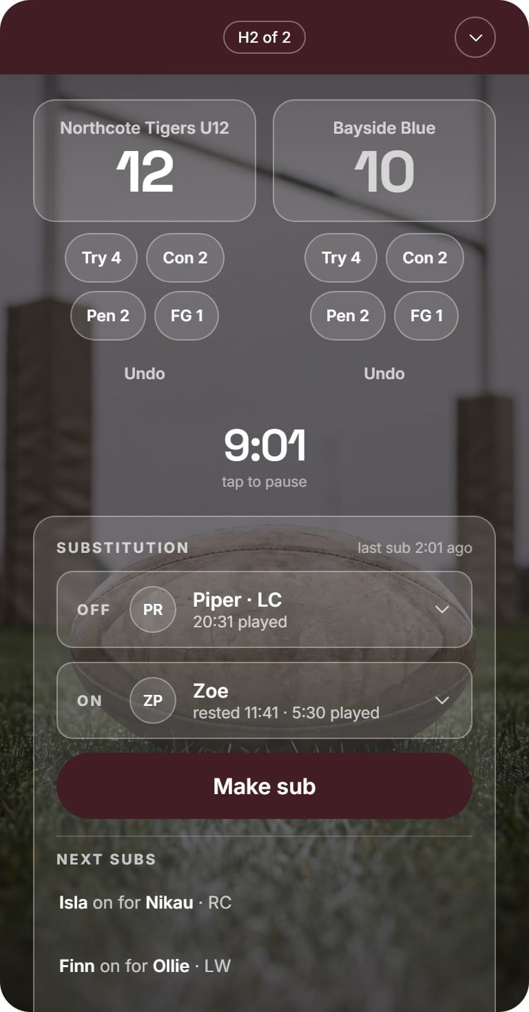 LineUp live game screen for a rugby league team: the score with Try, Con, Pen and FG buttons for each side and an Undo