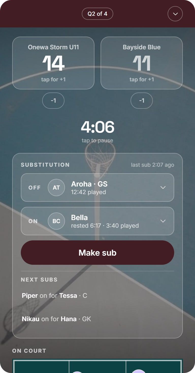 LineUp live game screen: the score and clock, the player coming off and the player going on, and the next subs in the rotation