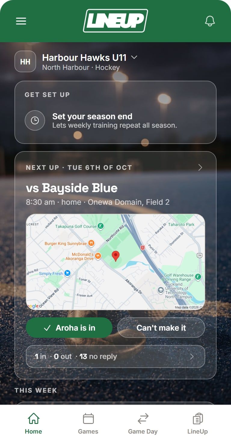 LineUp home screen themed in a club green, showing the next game, the venue map and the week ahead