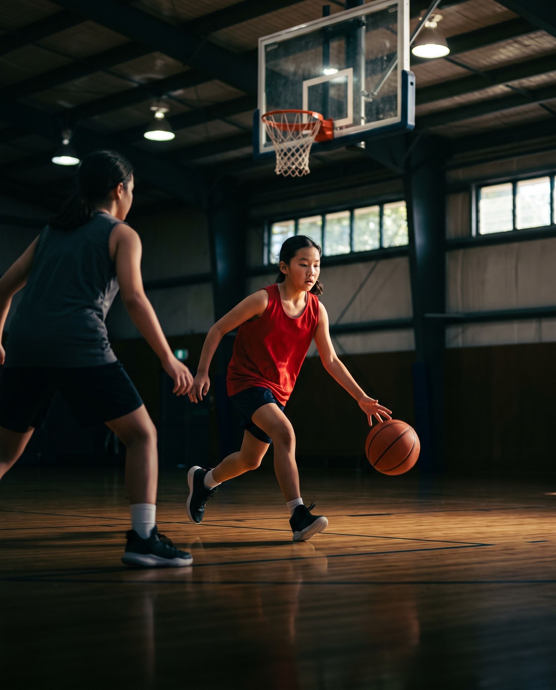 A girl in a red singlet dribbles past a defender on an indoor court