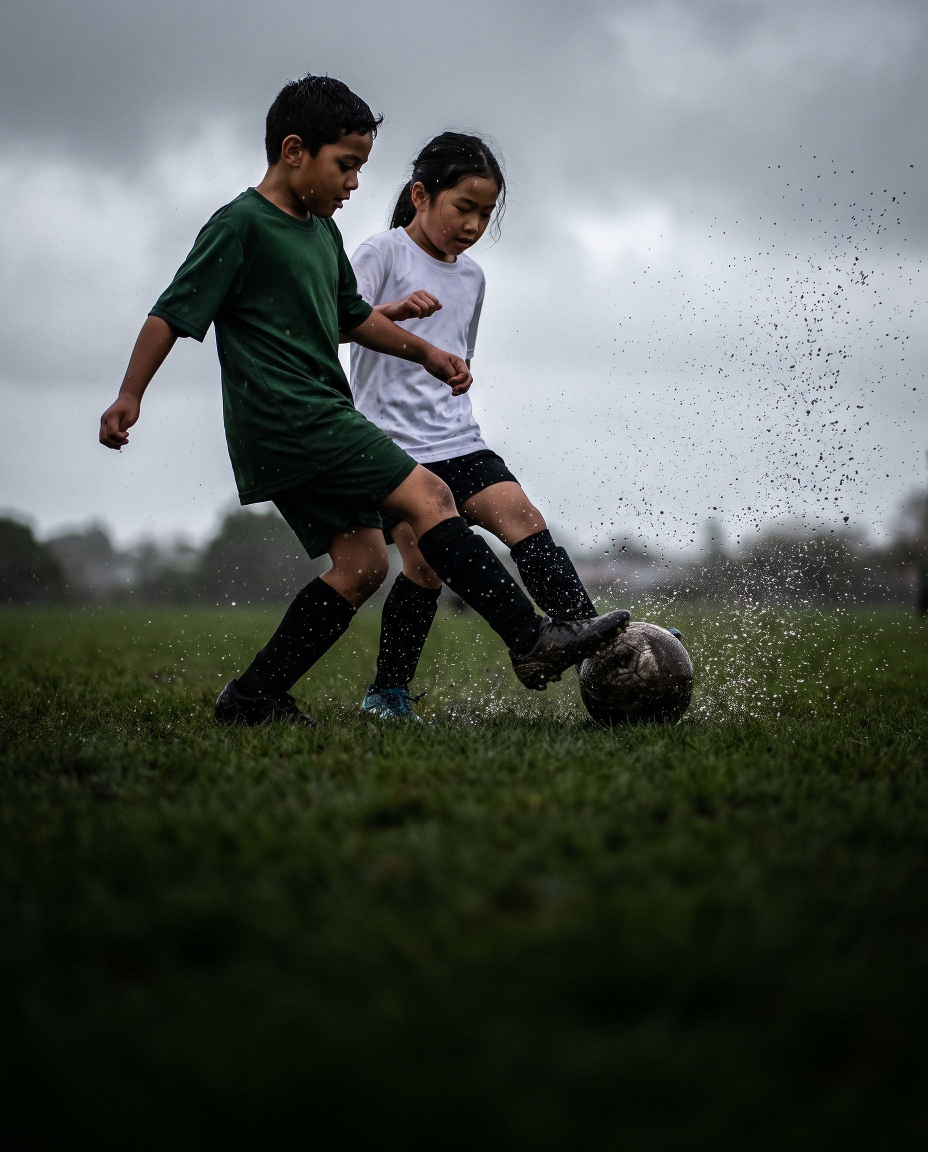 Two young footballers contest the ball on wet grass, spray flying