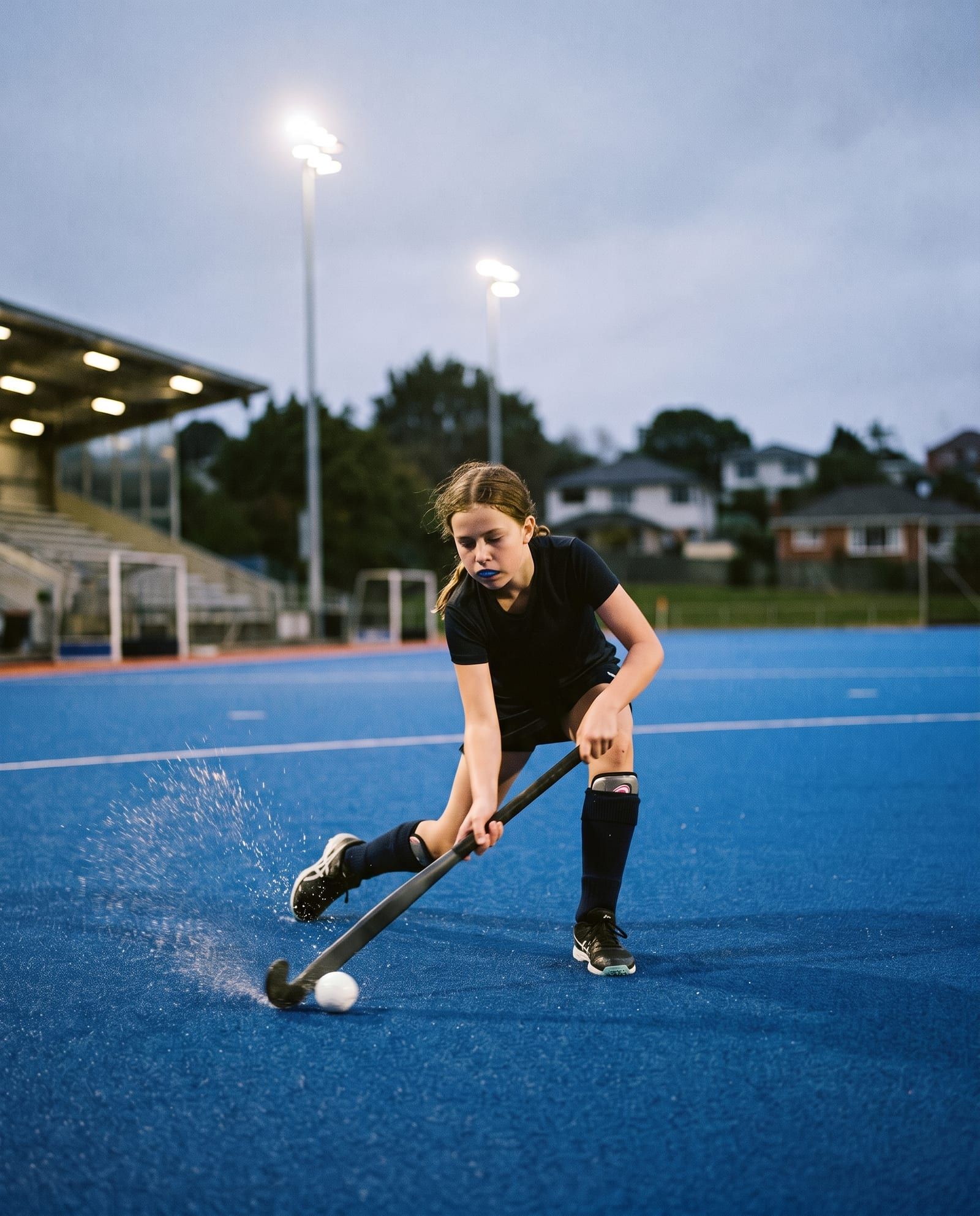 A girl drags the ball on her reverse stick across a wet blue turf under floodlights