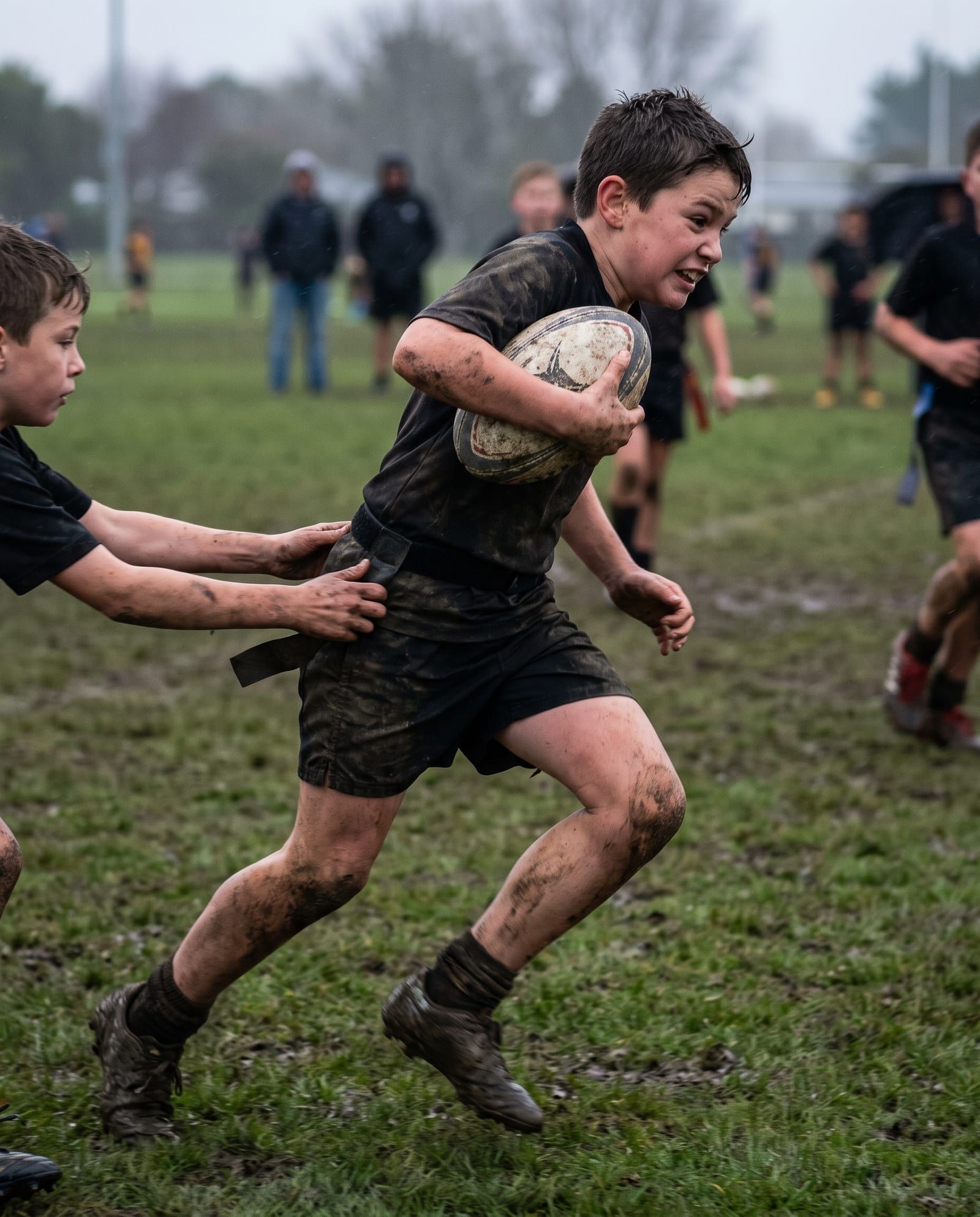 A muddy boy carries the ball into contact as a defender reaches for his tag belt