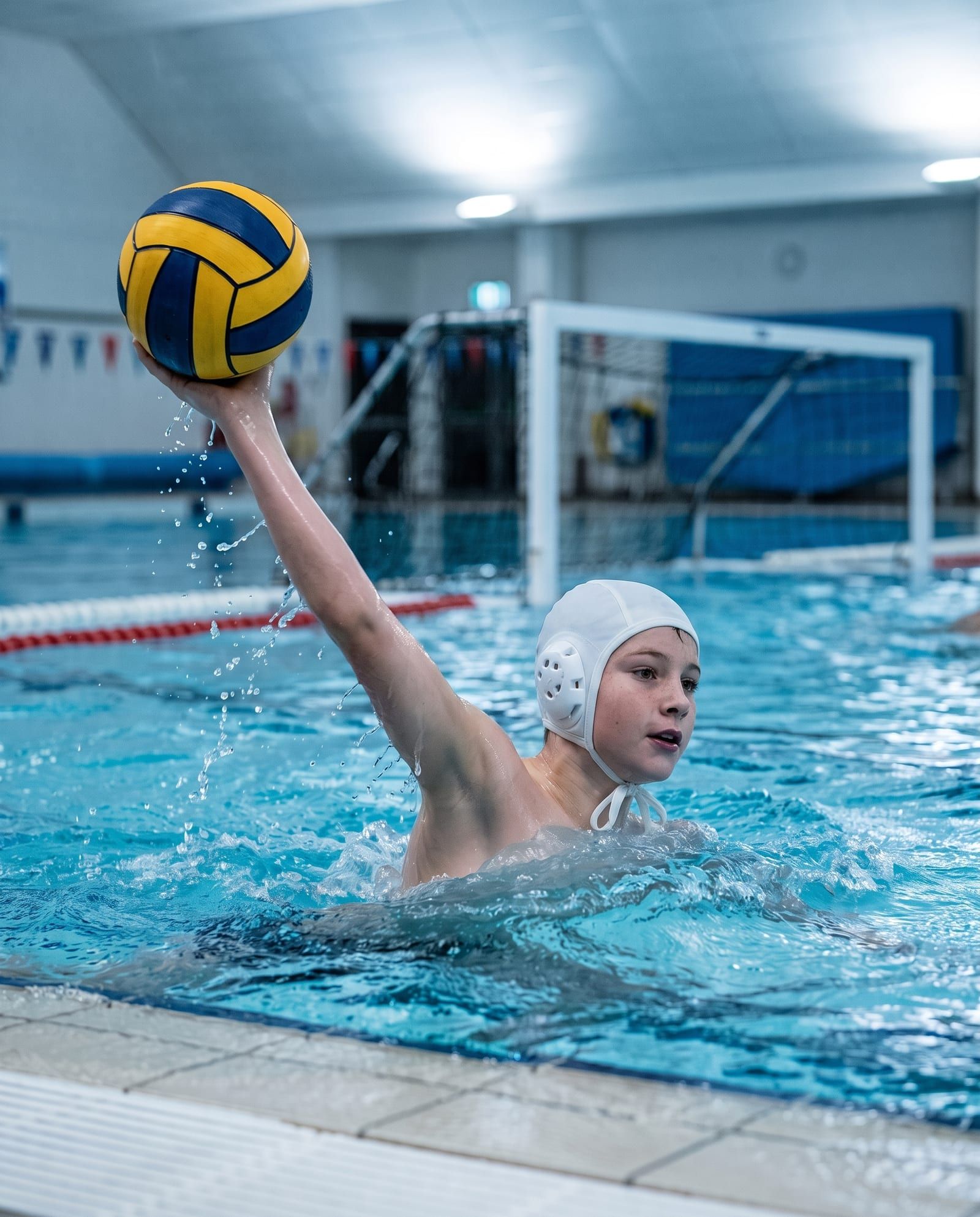 A water polo player rises from the pool with the ball held high, the goal behind